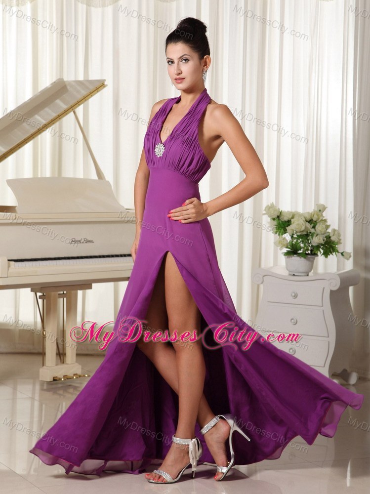 Purple Halter Ruched High Slit Homecoming Dress