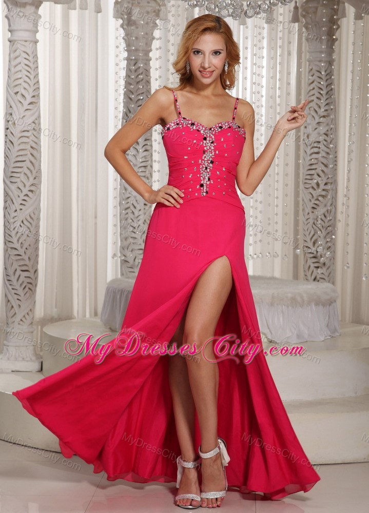 Hot Pink Spaghetti Straps Beaded Prom Dress with Slit