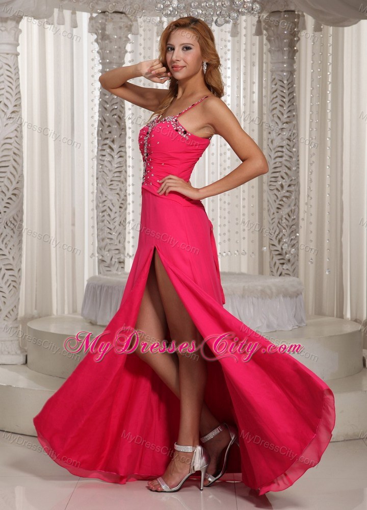 Hot Pink Spaghetti Straps Beaded Prom Dress with Slit