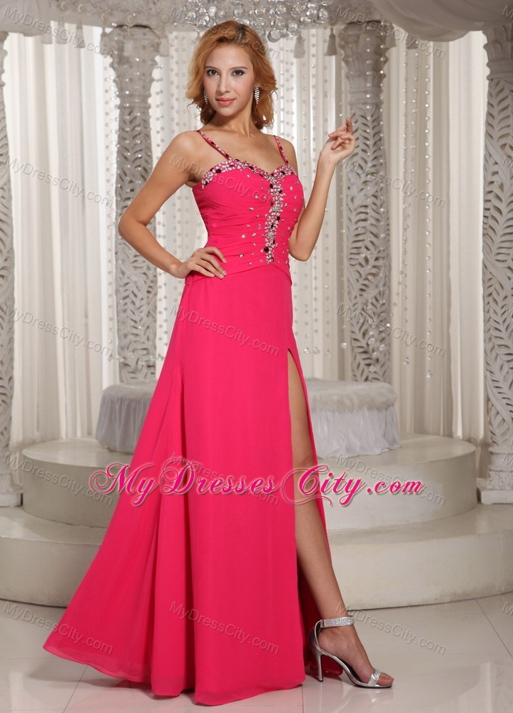 Hot Pink Spaghetti Straps Beaded Prom Dress with Slit