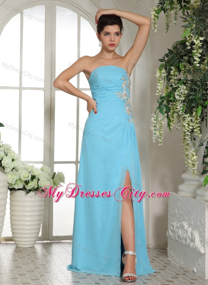 High Slit Baby Blue 2013 Strapless Appliqued Prom Gown