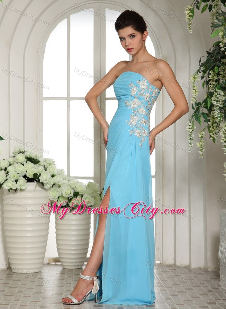 High Slit Baby Blue 2013 Strapless Appliqued Prom Gown