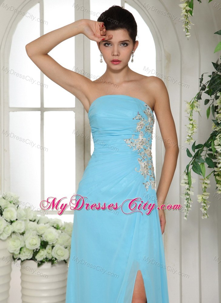 High Slit Baby Blue 2013 Strapless Appliqued Prom Gown