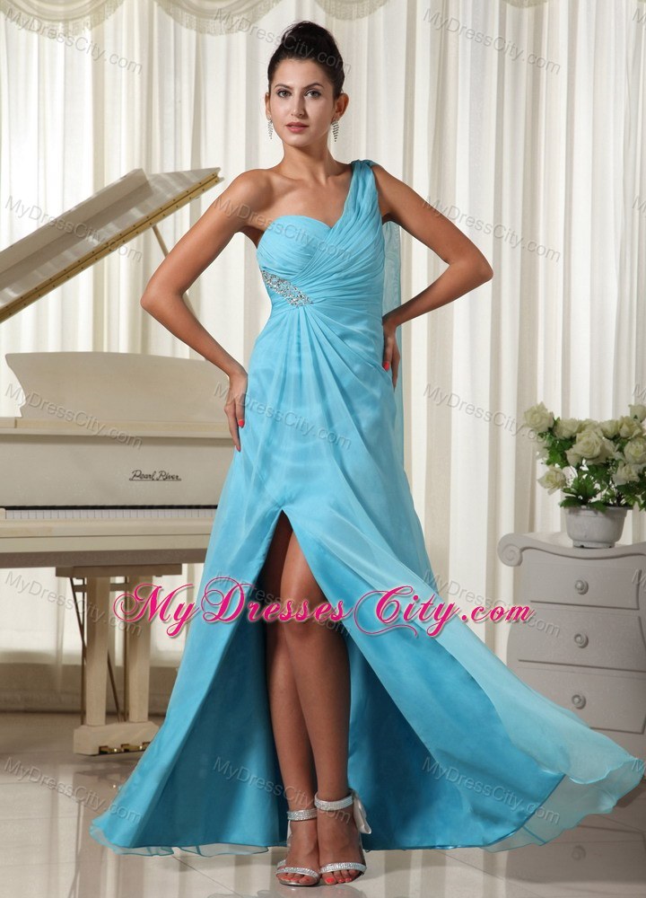 Asymmetrical Blue Chiffon Prom Dress with Chiffon High Slit