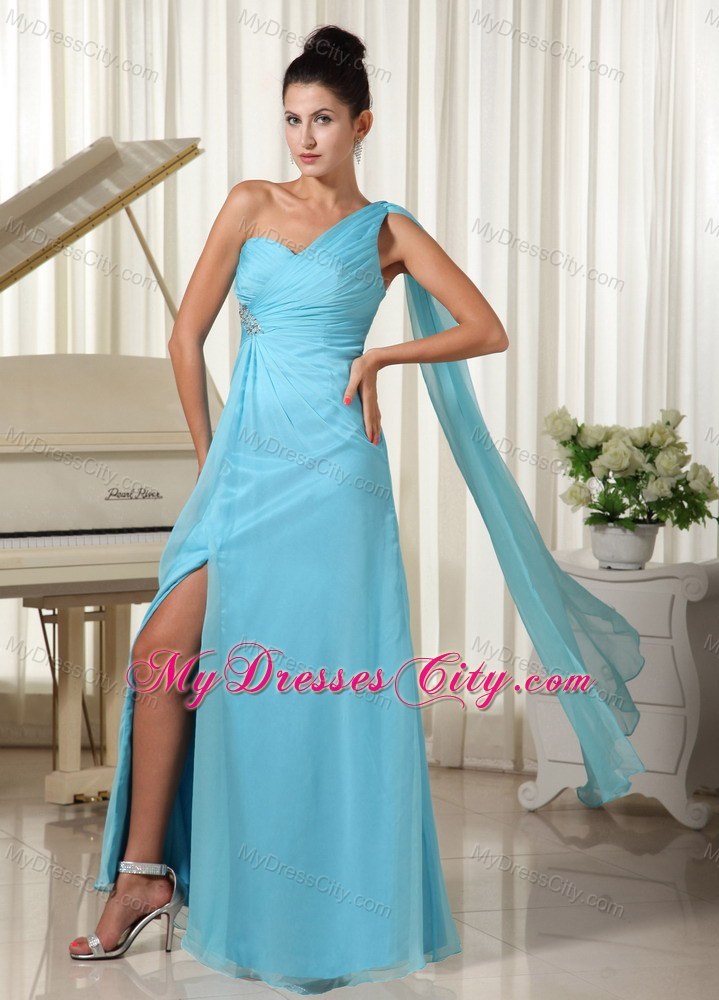 Asymmetrical Blue Chiffon Prom Dress with Chiffon High Slit