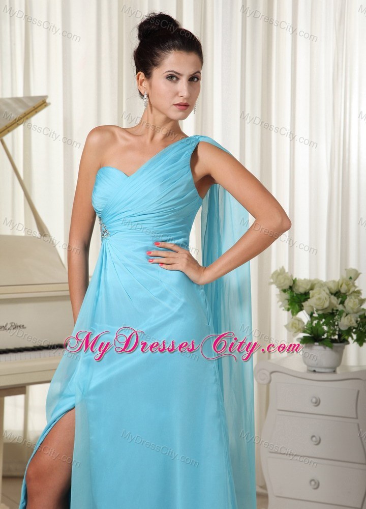 Asymmetrical Blue Chiffon Prom Dress with Chiffon High Slit