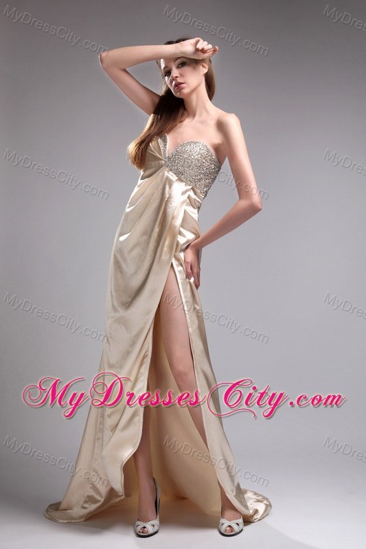 Charming Champagne Dress for Prom with Beaded Decorate Bust