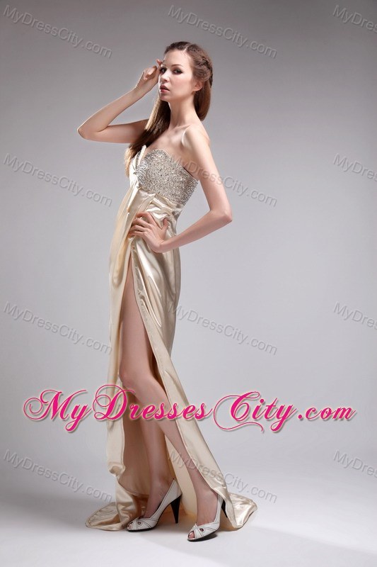 Charming Champagne Dress for Prom with Beaded Decorate Bust