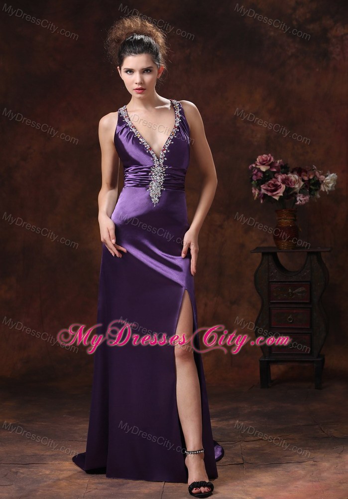 High Slit V-neck Beaded Decorate Shoulder Purple Prom Dress