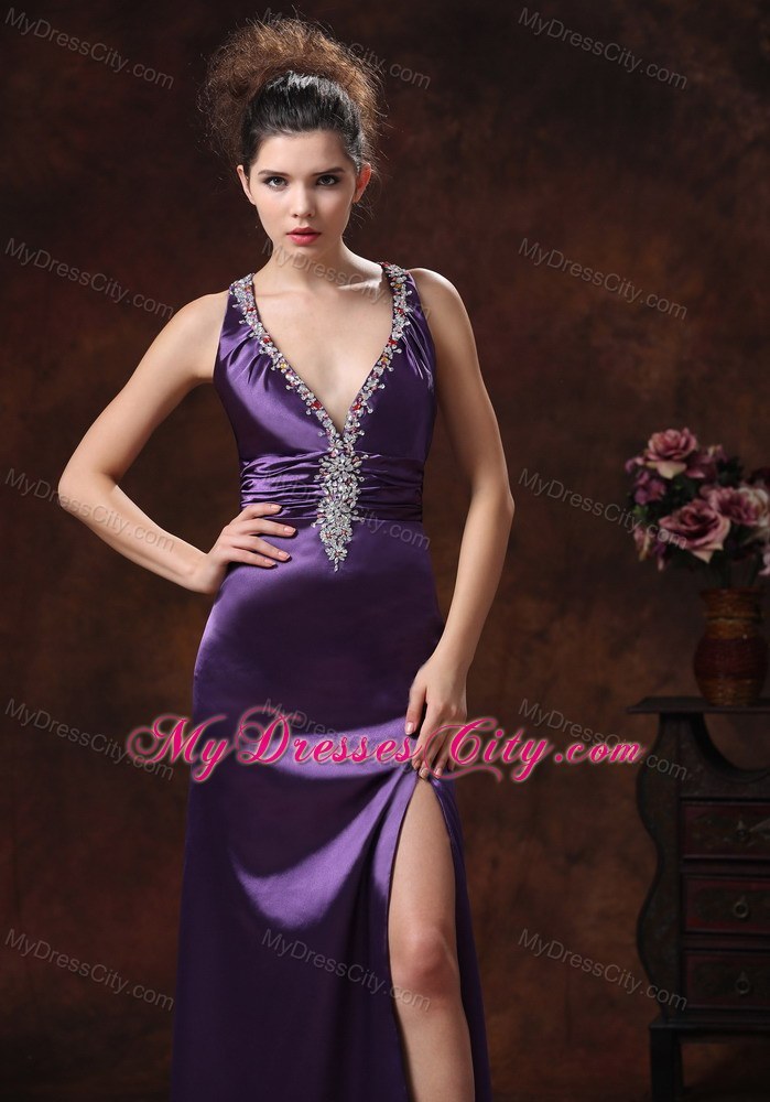 High Slit V-neck Beaded Decorate Shoulder Purple Prom Dress