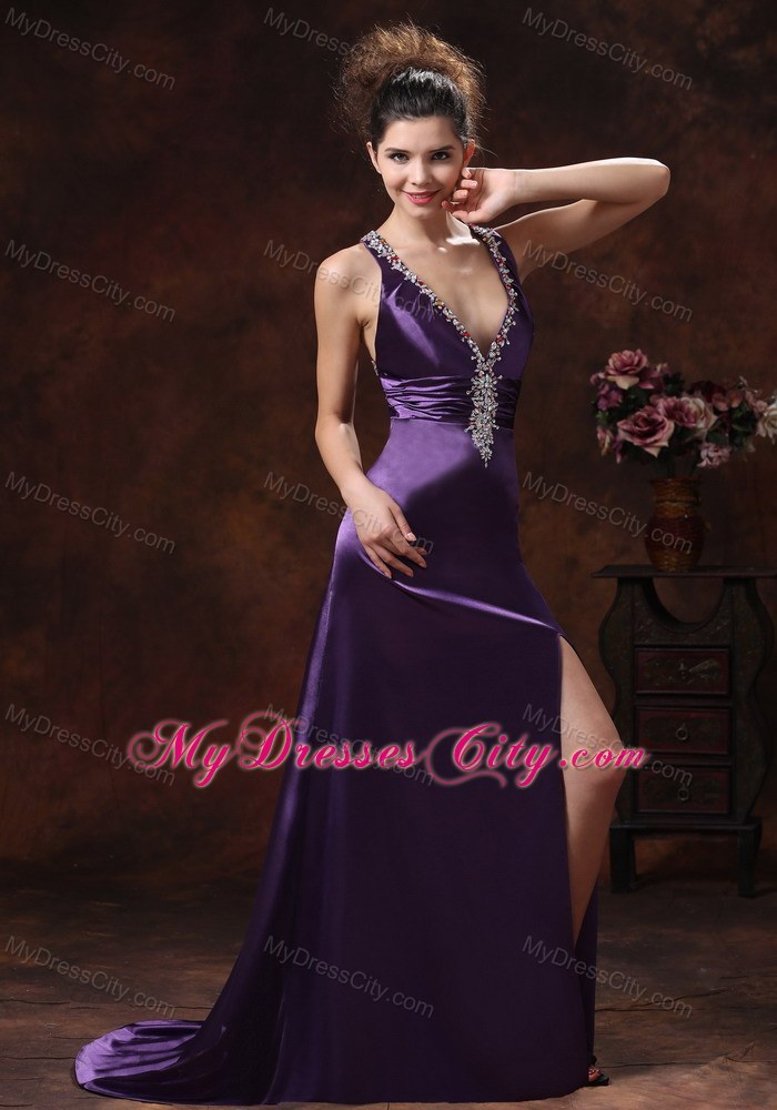 High Slit V Neck Beaded Decorate Shoulder Purple Prom Dress 2994