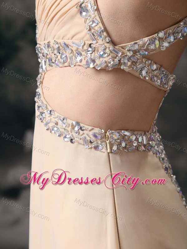 Customized Champagne Column Criss Cross Beaded Prom Dress