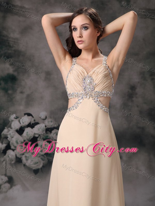 Customized Champagne Column Criss Cross Beaded Prom Dress