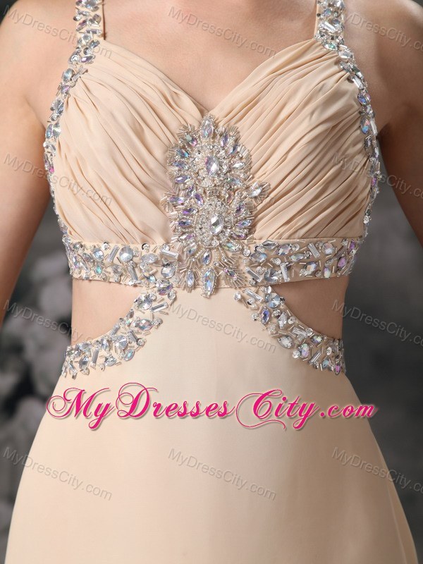 Customized Champagne Column Criss Cross Beaded Prom Dress