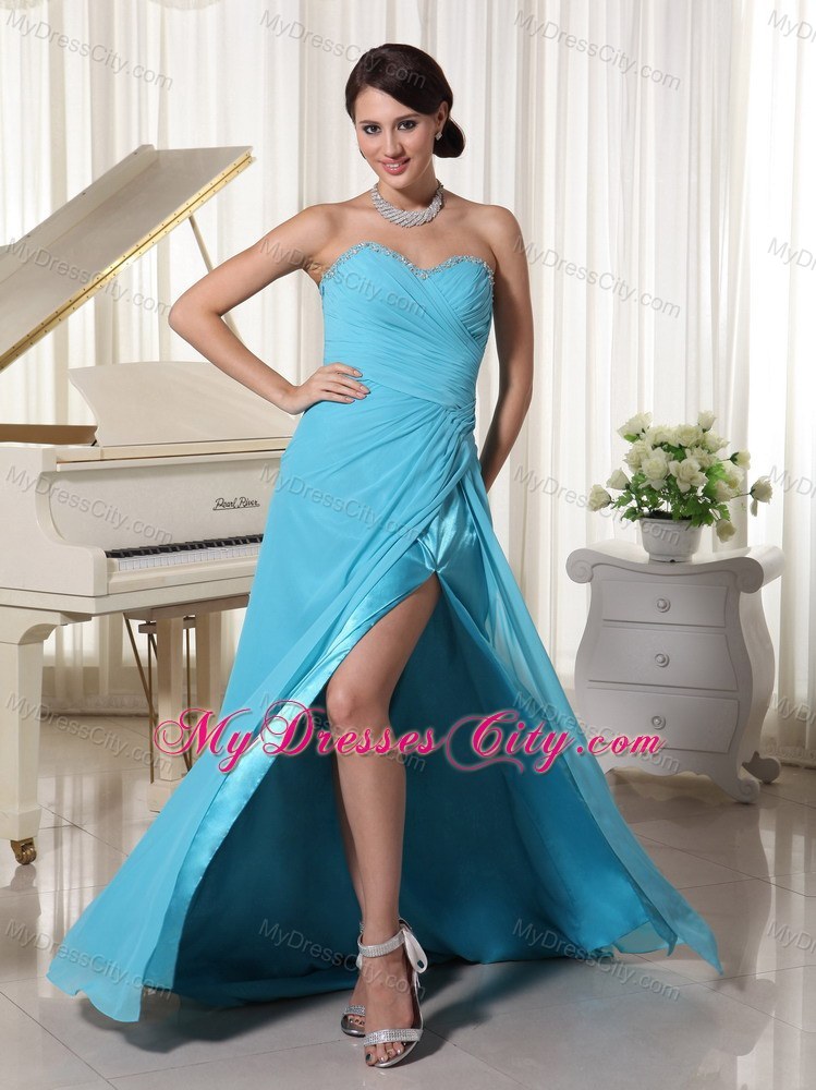 Aqua High Slit Brush Train Prom Dress with Beading Decorated