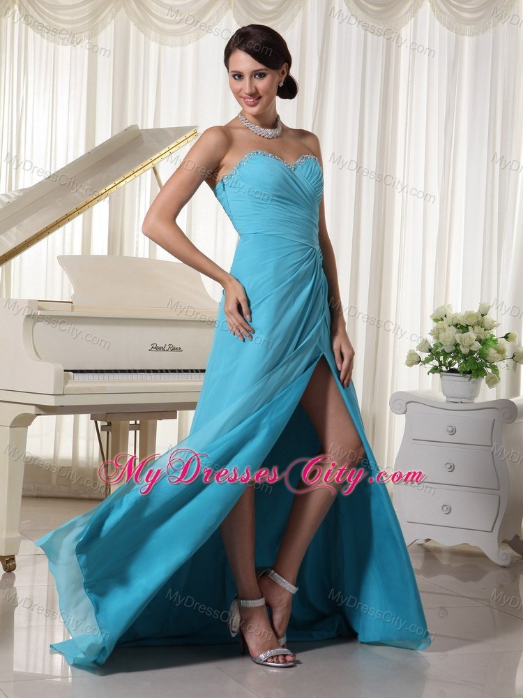 Aqua High Slit Brush Train Prom Dress with Beading Decorated