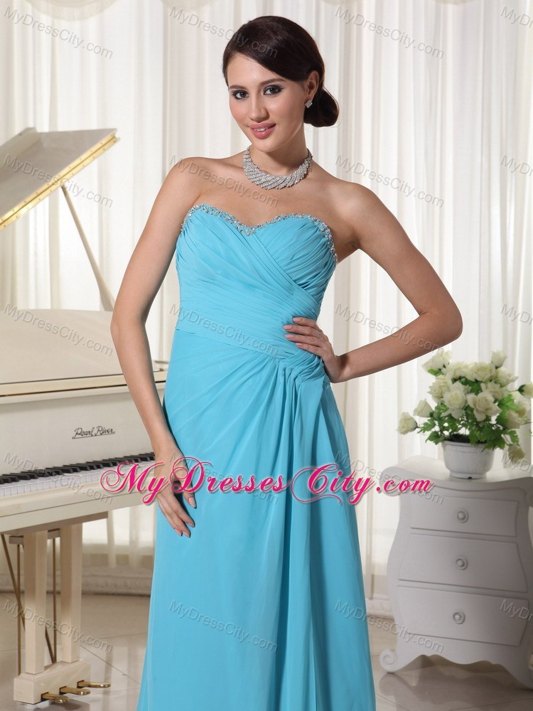 Aqua High Slit Brush Train Prom Dress with Beading Decorated