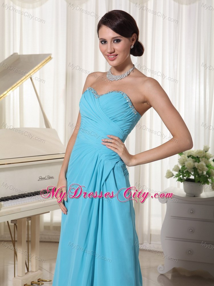 Aqua High Slit Brush Train Prom Dress with Beading Decorated