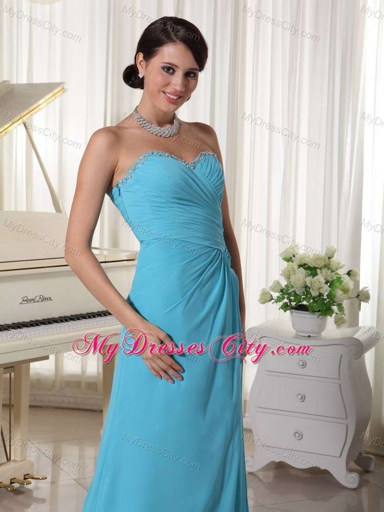 Aqua High Slit Brush Train Prom Dress with Beading Decorated