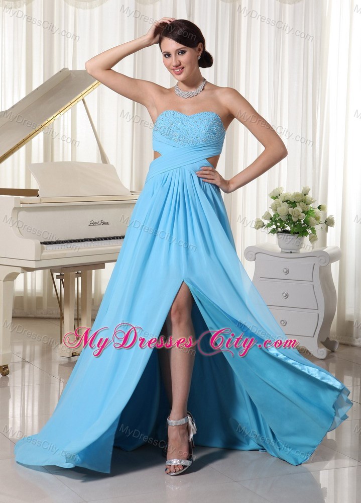 Chiffon Sweetheart Beaded Decorate Bust Prom Dress in Aqua