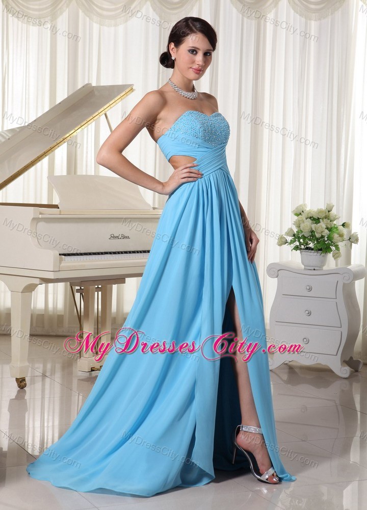 Chiffon Sweetheart Beaded Decorate Bust Prom Dress in Aqua