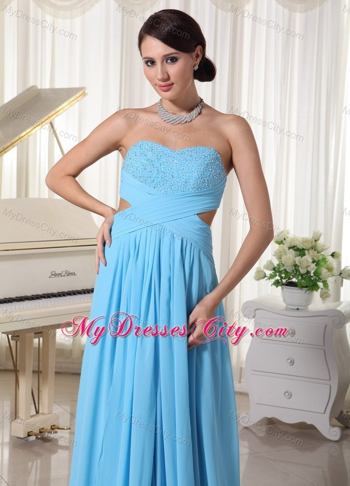 Chiffon Sweetheart Beaded Decorate Bust Prom Dress in Aqua