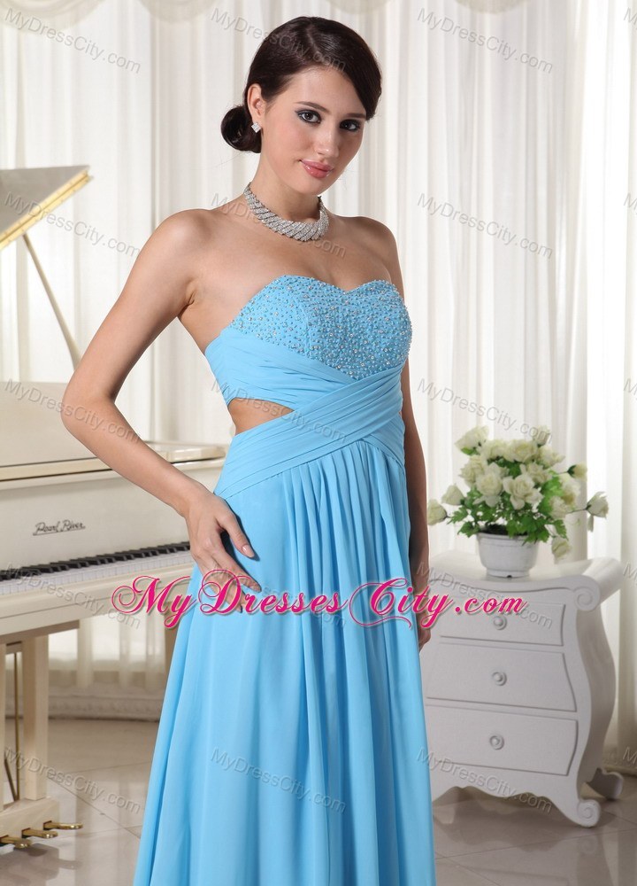 Chiffon Sweetheart Beaded Decorate Bust Prom Dress in Aqua