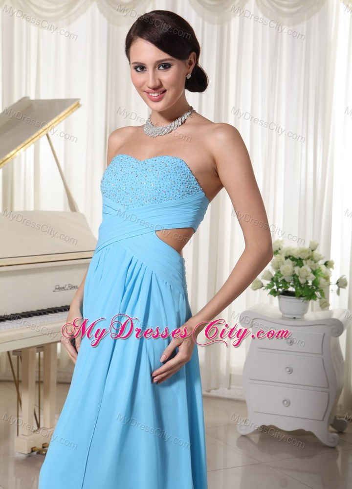 Chiffon Sweetheart Beaded Decorate Bust Prom Dress in Aqua