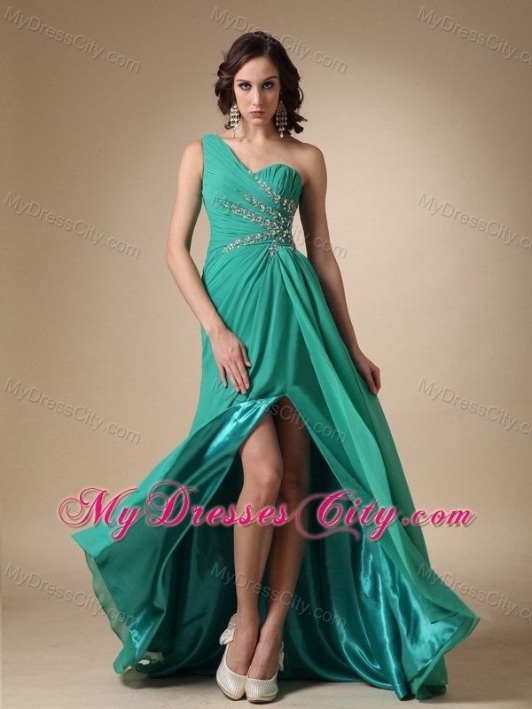 Turquoise Empire One Shoulder Brush Train High Slit Prom Dress