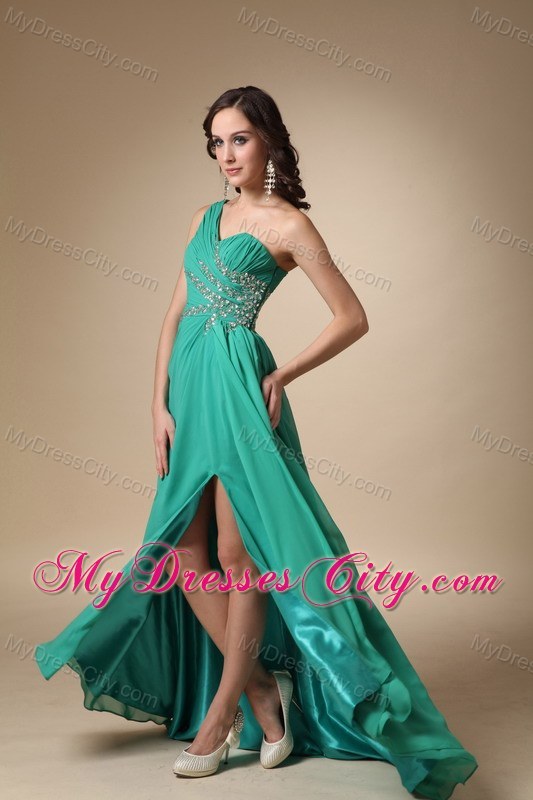 Turquoise Empire One Shoulder Brush Train High Slit Prom Dress