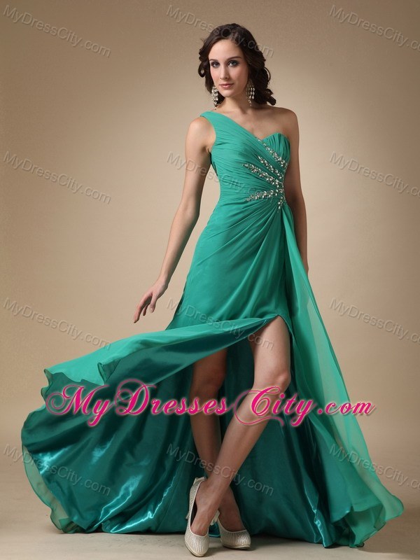 Turquoise Empire One Shoulder Brush Train High Slit Prom Dress