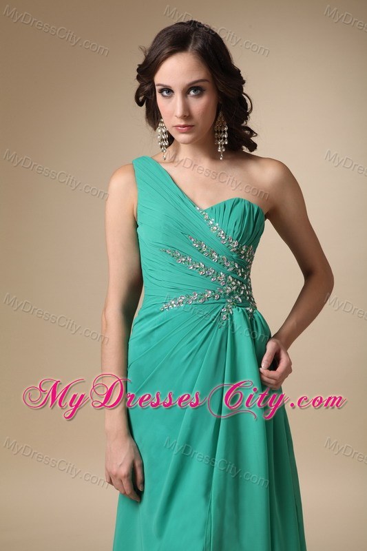 Turquoise Empire One Shoulder Brush Train High Slit Prom Dress