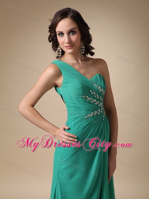 Turquoise Empire One Shoulder Brush Train High Slit Prom Dress