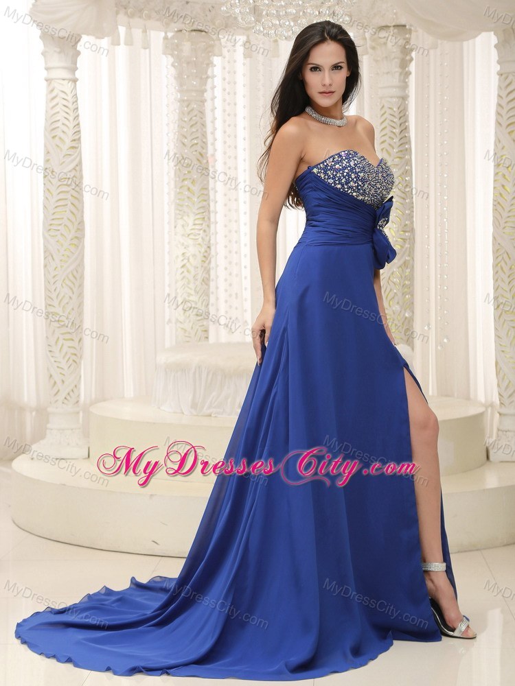 Customized Beaded Decorated Bust Bowknot Peacock Blue Prom Dress