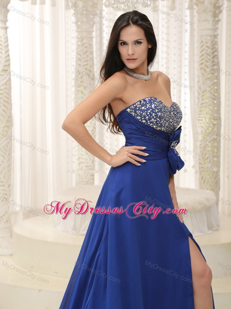 Customized Beaded Decorated Bust Bowknot Peacock Blue Prom Dress