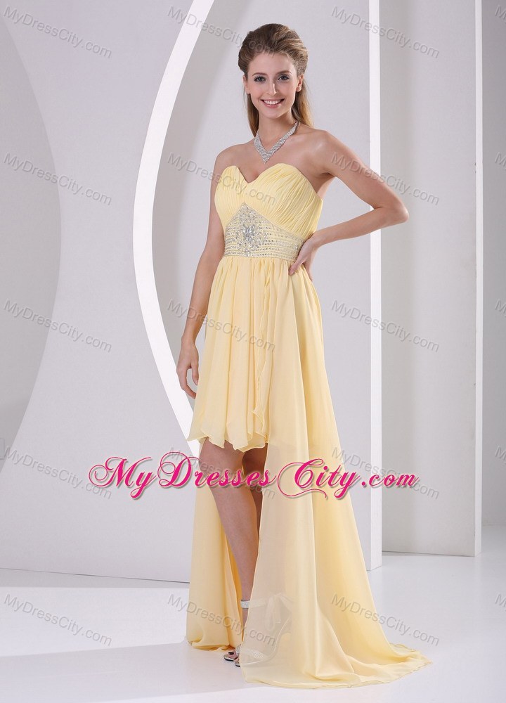 High-low Sweetheart Beaded Yellow Chiffon Detachable Prom Dress