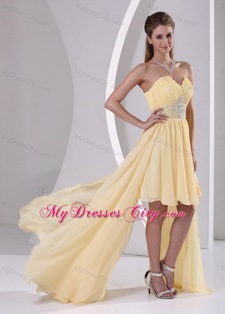 High-low Sweetheart Beaded Yellow Chiffon Detachable Prom Dress