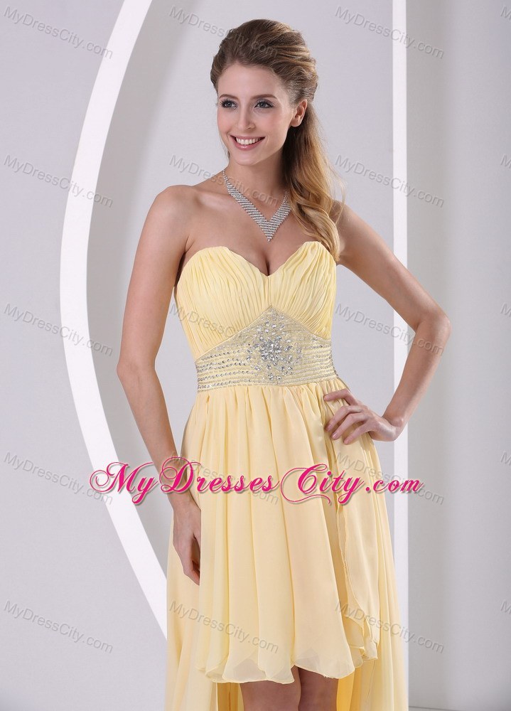 High-low Sweetheart Beaded Yellow Chiffon Detachable Prom Dress