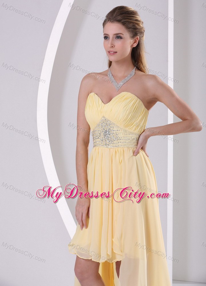 High-low Sweetheart Beaded Yellow Chiffon Detachable Prom Dress