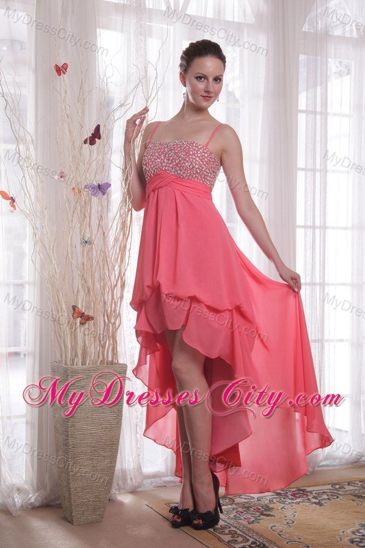 Watermelon Chiffon Empire Straps High-low Beading Prom Dress