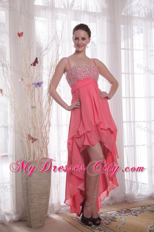 Watermelon Chiffon Empire Straps High-low Beading Prom Dress