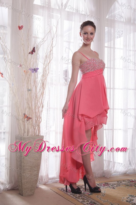 Watermelon Chiffon Empire Straps High-low Beading Prom Dress