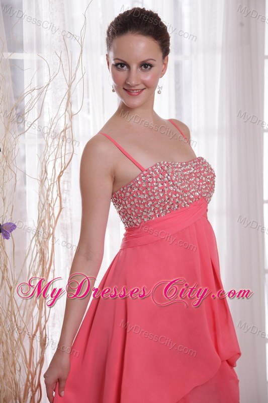 Watermelon Chiffon Empire Straps High-low Beading Prom Dress