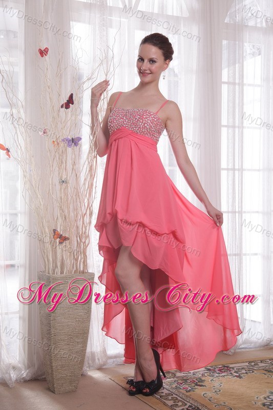 Watermelon Chiffon Empire Straps High-low Beading Prom Dress