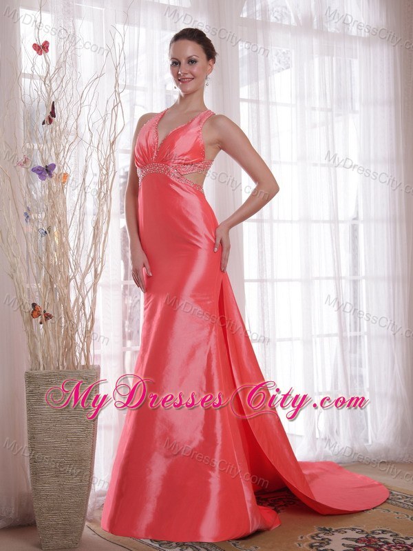 Watermelon Column Straps Criss Cross Back Beading Prom Gown