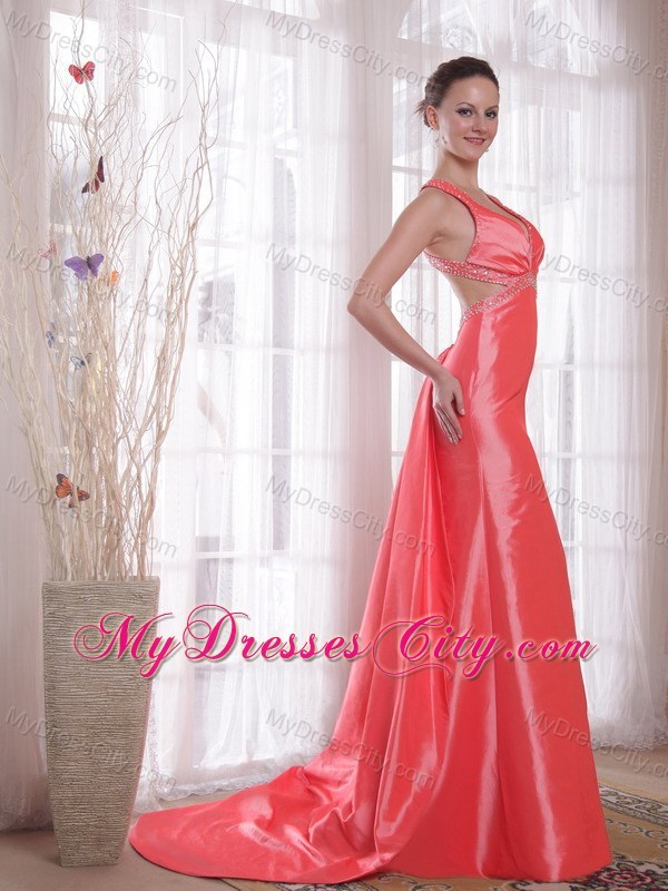 Watermelon Column Straps Criss Cross Back Beading Prom Gown