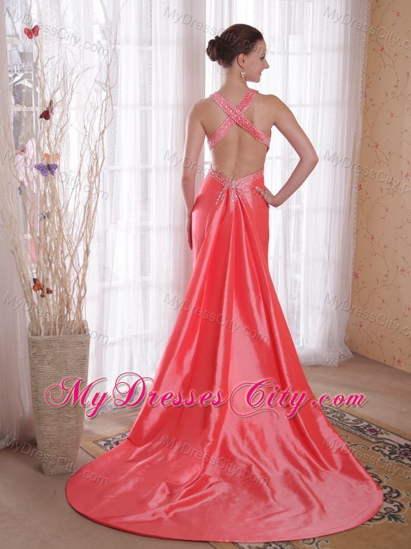 Watermelon Column Straps Criss Cross Back Beading Prom Gown