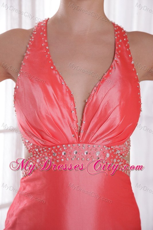 Watermelon Column Straps Criss Cross Back Beading Prom Gown