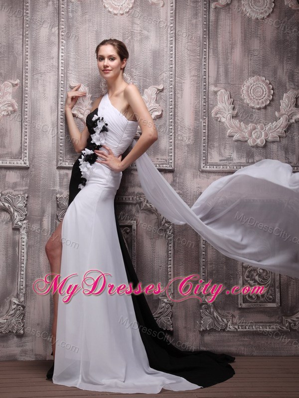 White and Black Empire One Shoulder Watteau Train Prom Dress