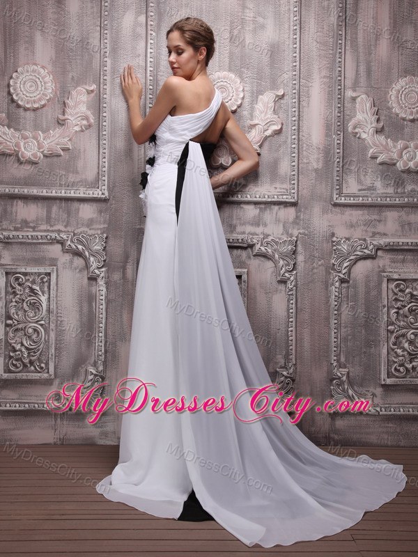 White and Black Empire One Shoulder Watteau Train Prom Dress